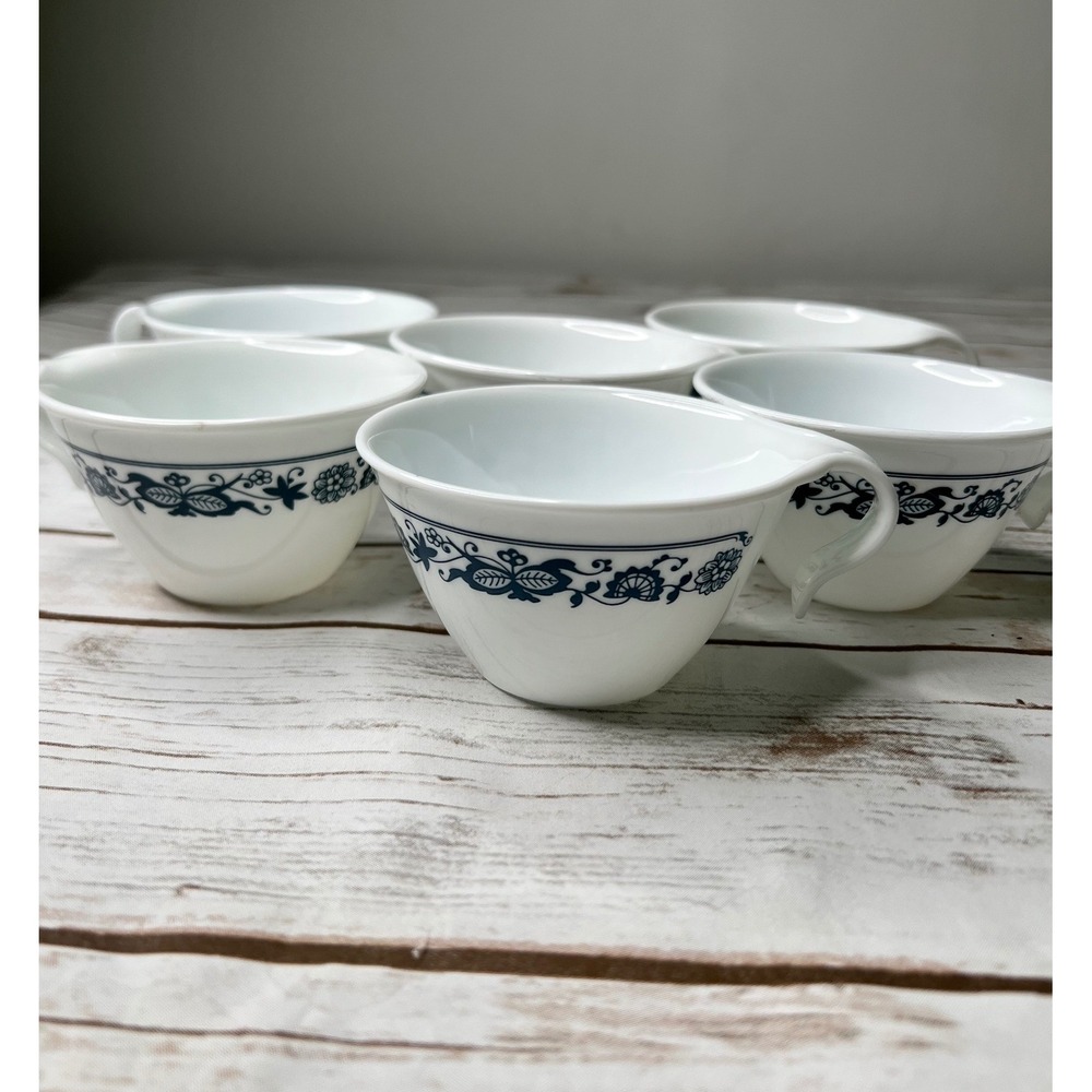 Corelle Old Town Blue Teacups White Navy Floral Hook Handle Set of 6 OS